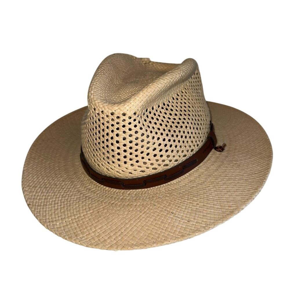 STETSON Men's Straw Fedora Hat with Brown Leather Band and Strap XL
